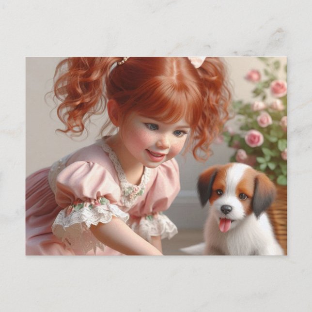 Little Red head girl with her Puppy Postcard (Front)