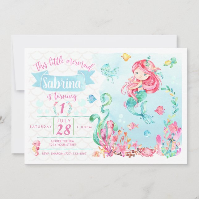 Little Red Head Mermaid Birthday Invitation (Front)