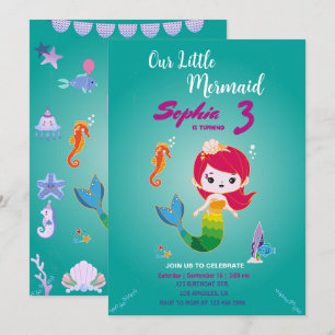 Little Red Head Mermaid Birthday Party Invitation