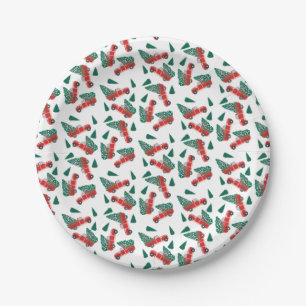 Little Red Pickup Truck Snowy Christmas Tree Paper Plate