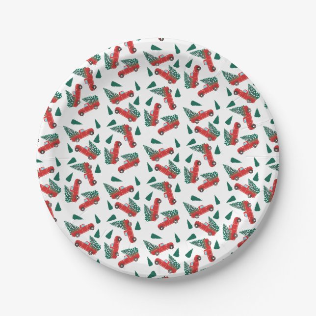 Little Red Pickup Truck Snowy Christmas Tree Paper Plate (Front)