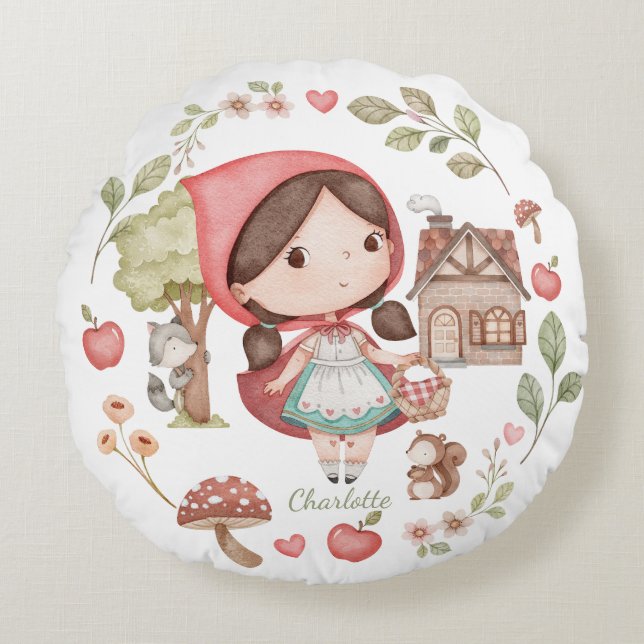 Little Red Riding Hood Cute Whimsical Round Cushion (Front)