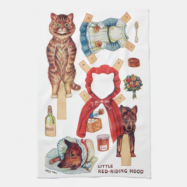 Little Red Riding Hood, Paper Doll, Louis Wain Tea Towel (Vertical)