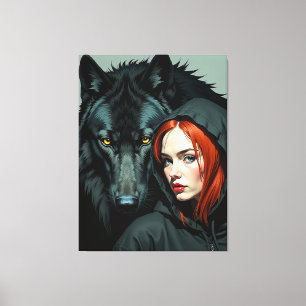 Little Red Riding Hood Redhead and the Black Wolf Canvas Print