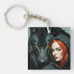 Little Red Riding Hood Redhead and the Black Wolf Key Ring