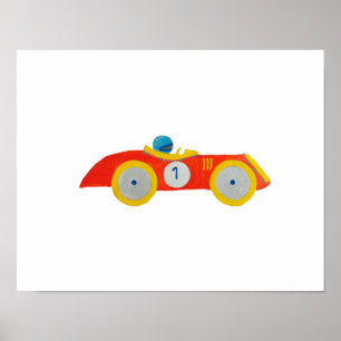 Little Red Roadster Racing Car Child 1st Birthday Poster