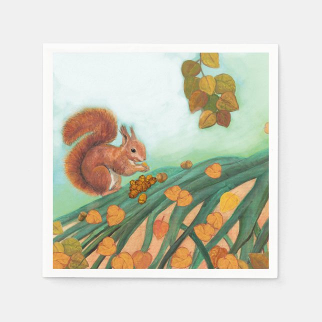 Little Red Squirrel Eats Hazelnuts Illustration Napkin (Front)