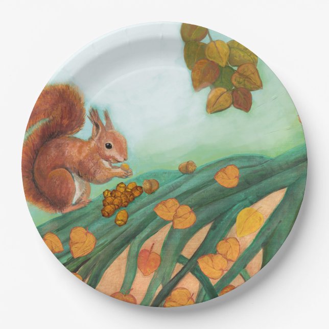 Little Red Squirrel Eats Hazelnuts Illustration Paper Plate (Front)
