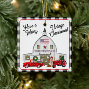 Little Red Truck and Antique White Barn Ceramic Ornament