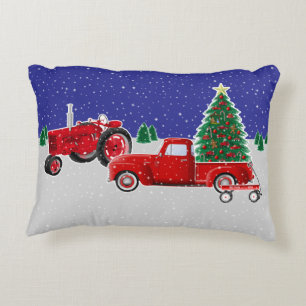 Little Red Truck and Wagon and Old Red Tractor Decorative Cushion