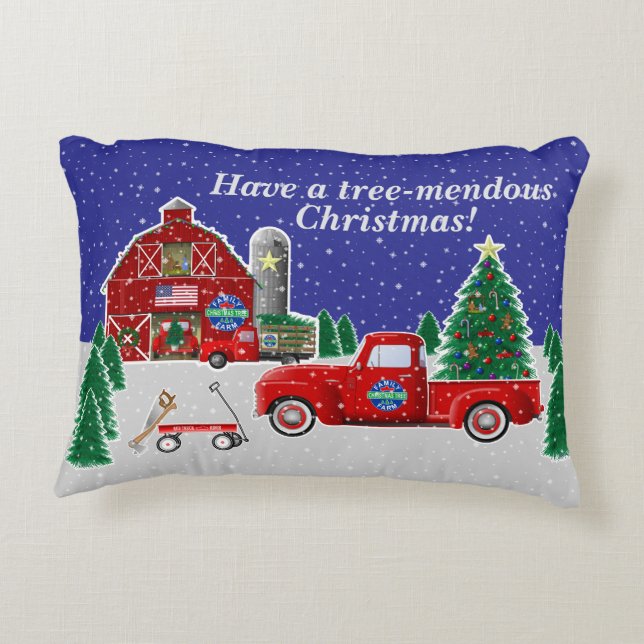 Little Red Truck Christmas Tree Farm and Barn Decorative Cushion (Back)