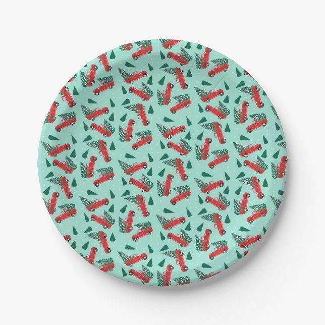 Little Red Truck Christmas Tree Pattern Green Paper Plate (Front)