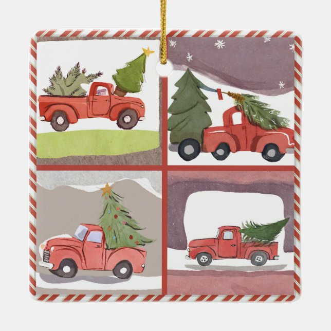 Little Red Truck hauling a Christmas Tree AI Ceramic Ornament (Back)