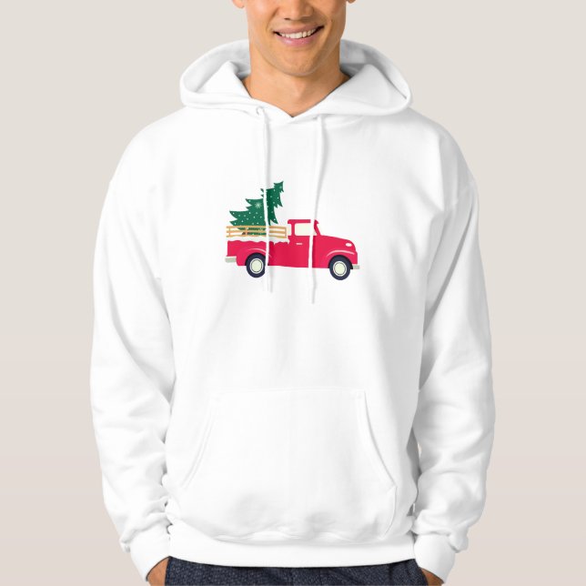 Little Red Truck hauling a Christmas Tree Joke Hoodie (Front)