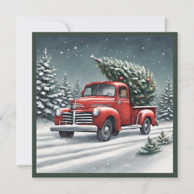 Little Red Truck Hauling Christmas Tree Holiday Card (Front)