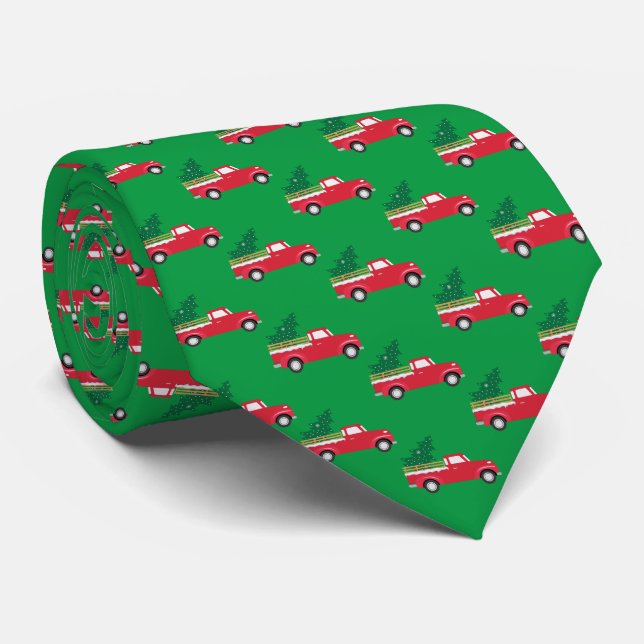 Little Red Truck Hauling Christmas Tree Tie (Rolled)