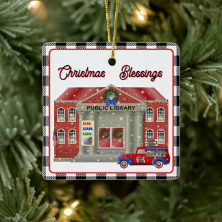 Little Red Truck Library Ceramic Ornament
