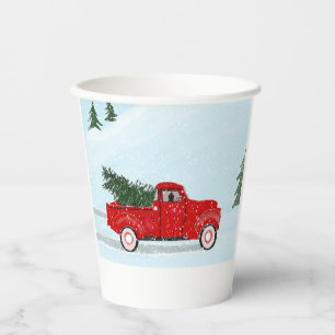 Little Red Truck With Christmas Tree in the Snow T Paper Cups