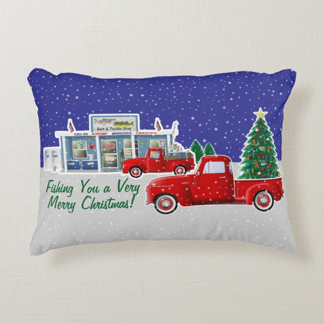Little Red Truck with Fishing Tackle Shop Decorative Cushion (Front)