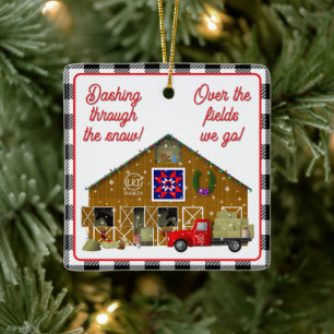 Little Red Truck with Horse Ranch Barn Ceramic Ornament