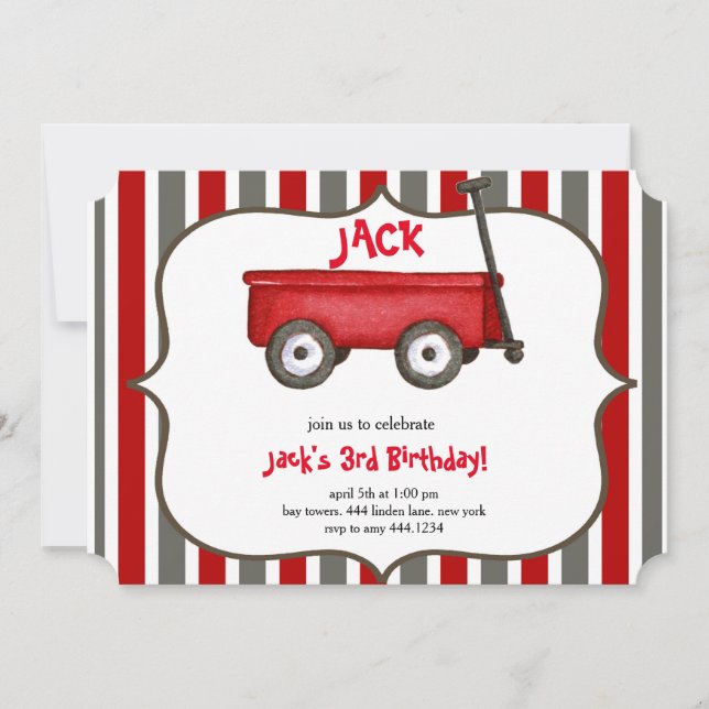 Little Red Wagon Boy Birthday Invitation (Front)