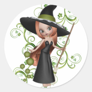 Little Redhaired Witch with Green Vines Design Classic Round Sticker
