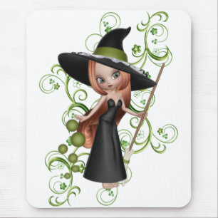 Little Redhaired Witch with Green Vines Design Mouse Mat