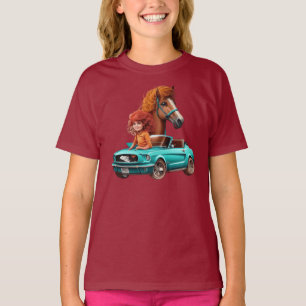 Little Redhead Girl With Mustang Car Pony Horse T-Shirt