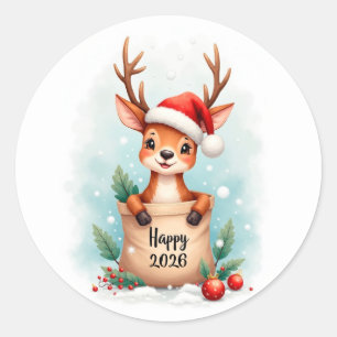 Little reindeer in a Santa hat Happy New Year 2027 Classic Round Sticker