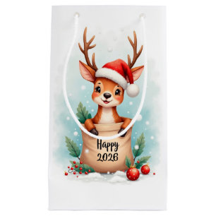 Little reindeer in a Santa hat Happy New Year 2027 Small Gift Bag