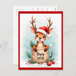 Little reindeer in a Santa hat  Holiday Postcard