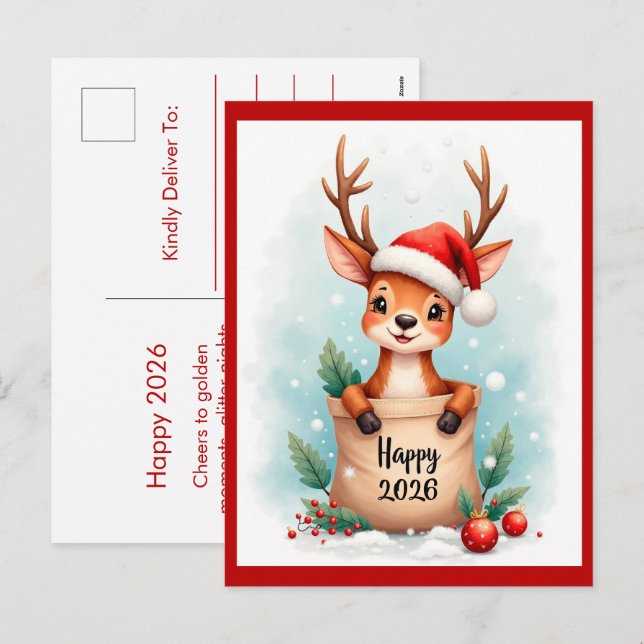 Little reindeer in a Santa hat  Holiday Postcard (Front/Back)