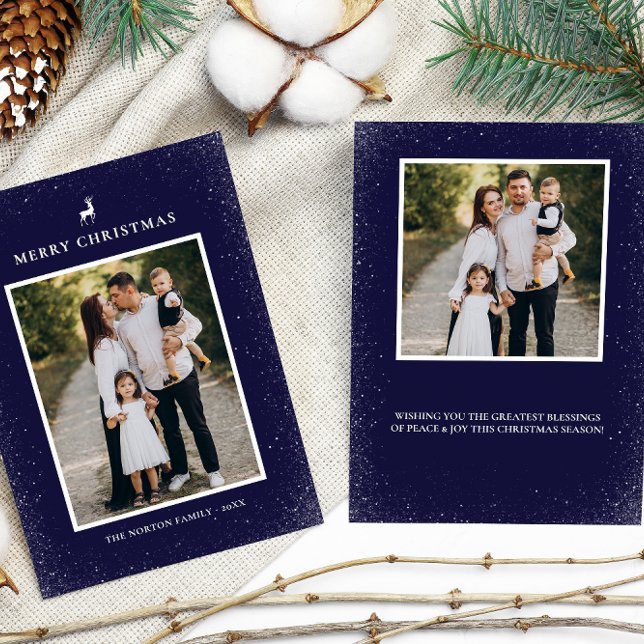 Little Reindeer Simple Snowflakes Custom 2 Photo  Holiday Card (Creator Uploaded)