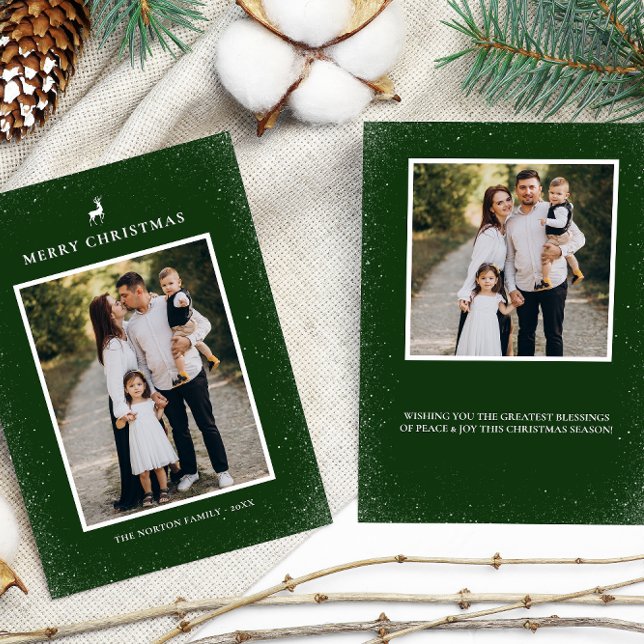 Little Reindeer Simple Snowflakes Custom 2 Photo  Holiday Card (Creator Uploaded)