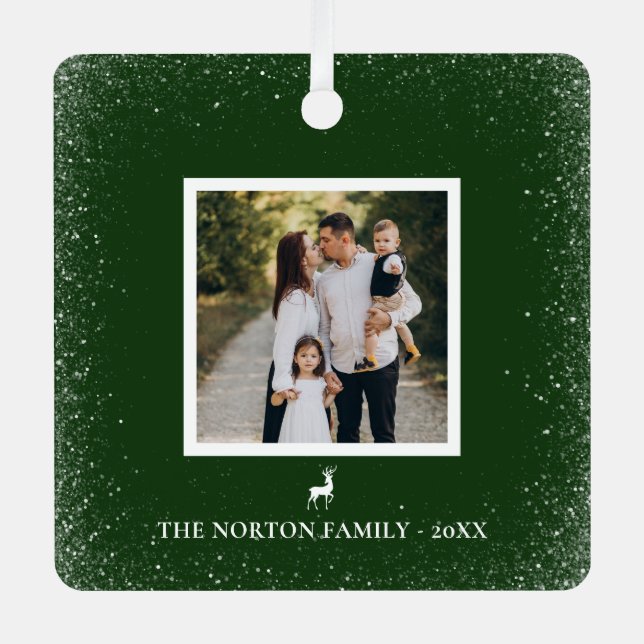 Little Reindeer Simple Snowflakes photo green Metal Tree Decoration (Front)