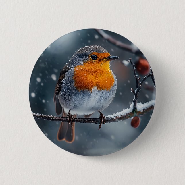 Little robin bird sitting on a branch at winter 6 cm round badge (Front)