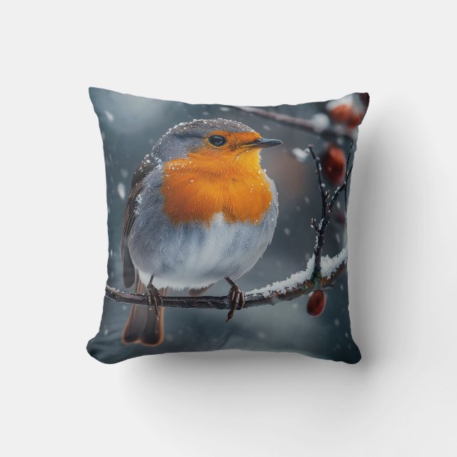 Little robin bird sitting on a branch at winter cushion (Front)