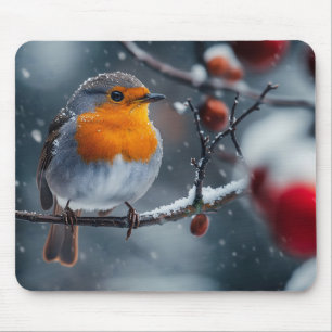 Little robin bird sitting on a branch at winter mouse mat
