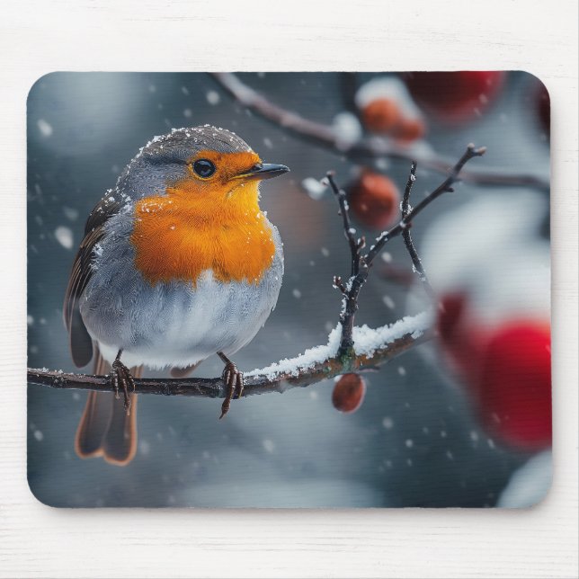 Little robin bird sitting on a branch at winter mouse mat (Front)