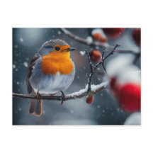 Little robin bird sitting on a branch at winter