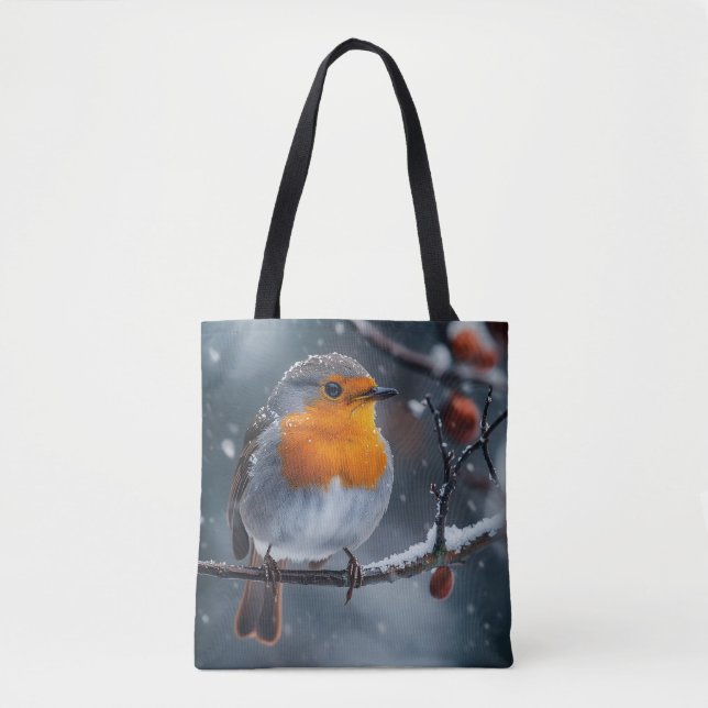 Little robin bird sitting on a branch at winter tote bag (Front)