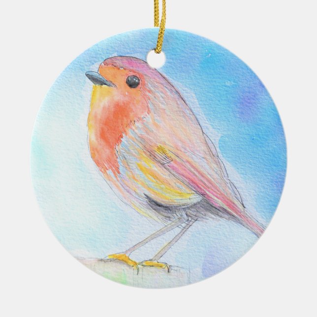 Little Robin Watercolour Painting Ceramic Tree Decoration (Front)