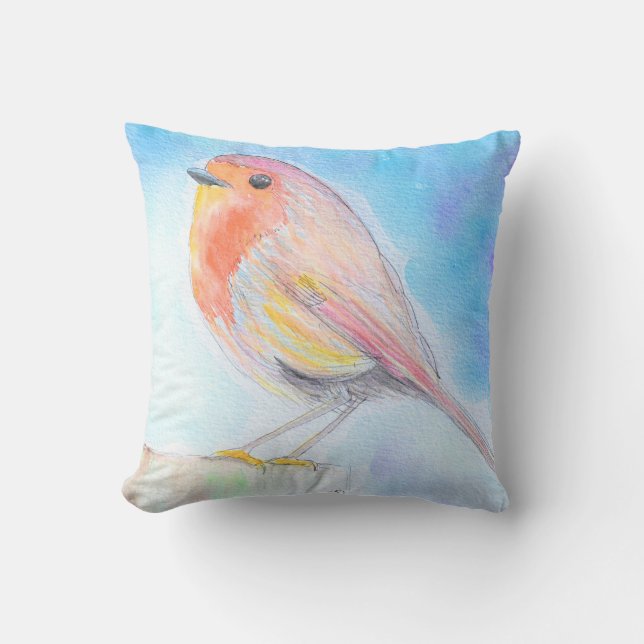Little Robin Watercolour Painting Cushion (Front)