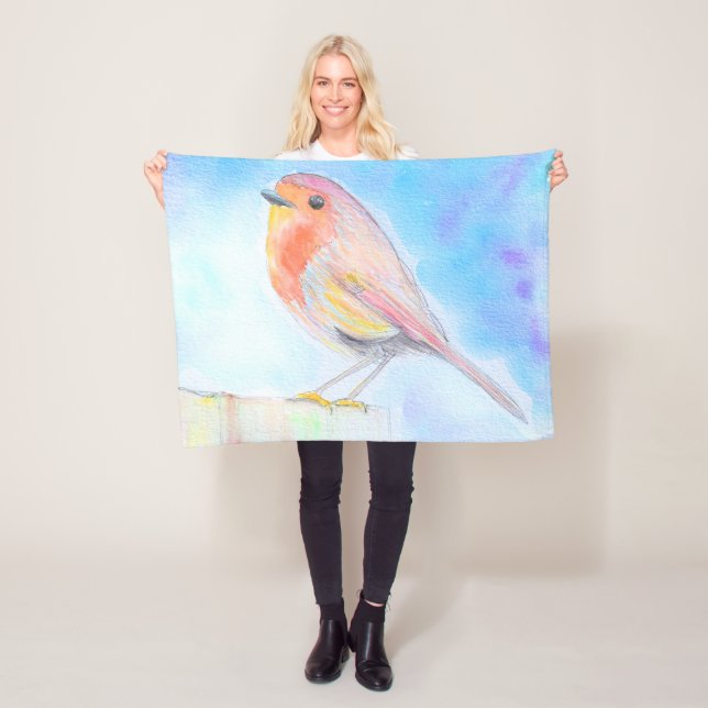 Little Robin Watercolour Painting Fleece Blanket (In Situ)