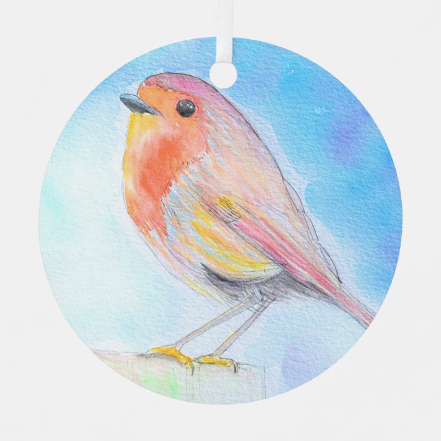 Little Robin Watercolour Painting Metal Tree Decoration (Front)