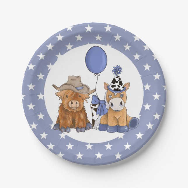 Little Rodeo Birthday Party Plate - Blue (Front)