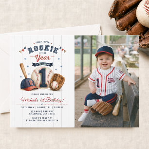 Little Rookie 1st Birthday Baseball Photo Invitation