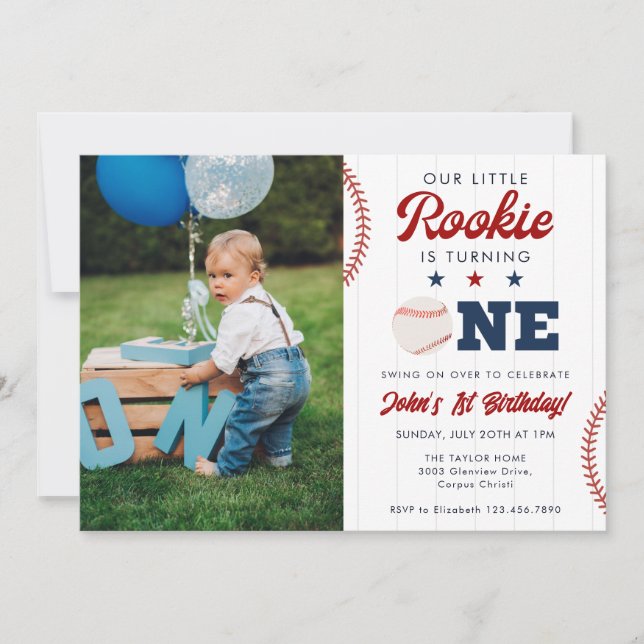 Little Rookie Baseball 1st Birthday Photo Invitation (Front)