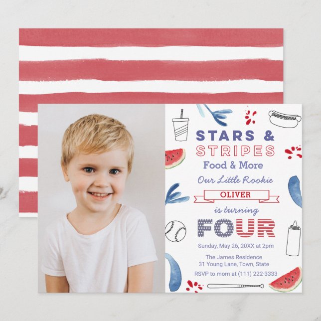 Little Rookie Baseball 4th Birthday Party Picture Invitation (Front/Back)