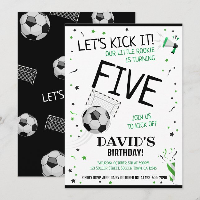 Little Rookie Let's Kick It Black Soccer Birthday Invitation (Front/Back)